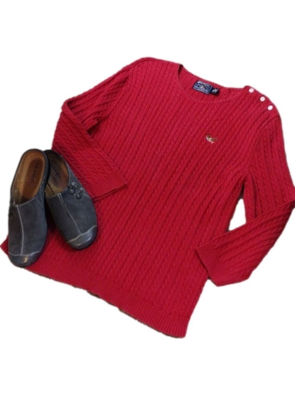 American Living Red Button Shoulder Crew Neck Long Sleeve Cable Knit Sweater Top